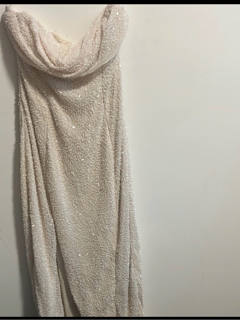 Oh Polly Strapless Sequin Cowl Neck Dress in Ivory